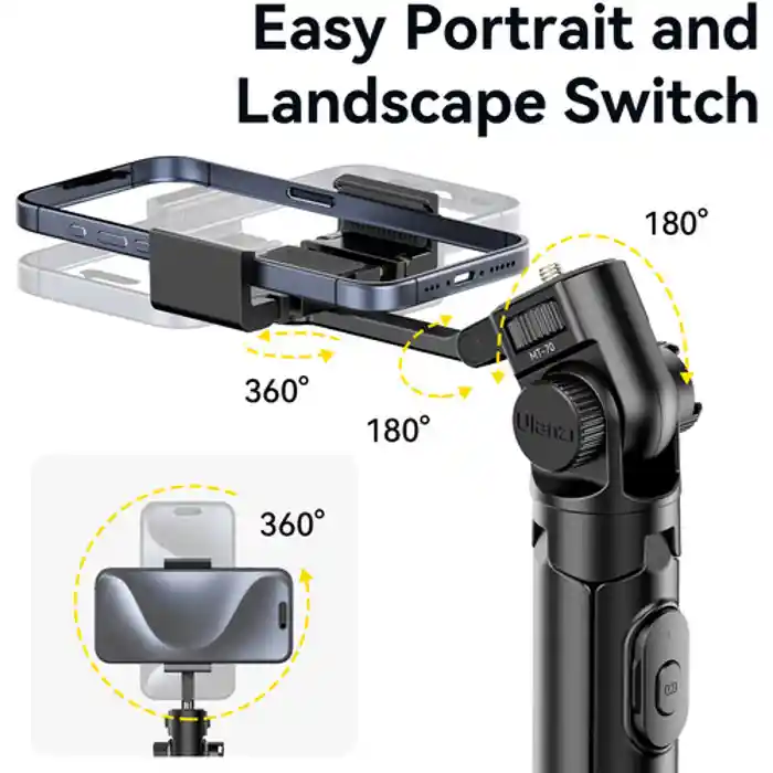 Ulanzi MT-70 Tripod 1.5m Selfie Stick Tripod with 360 / 180 Degree Pan and Tilt, Rotating Cold Shoe Mount, 1kg Max Load Capacity and 20m Wireless Remote Control Range for Smartphone Compact Cameras